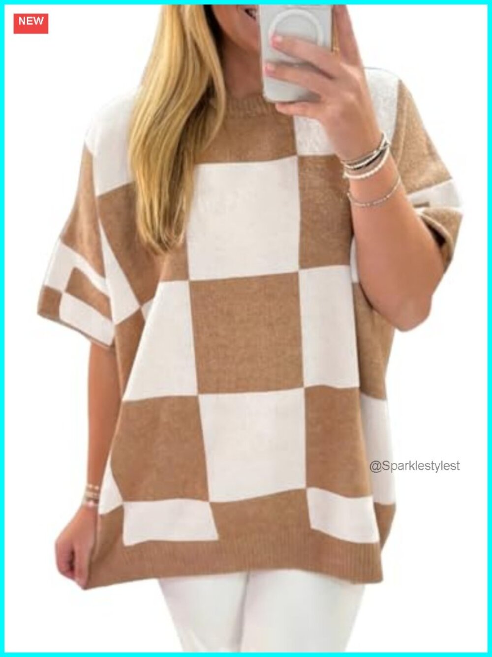 Womens Casual Knit Crew Neck Plaid Short Sleeve Sweater Loose Fit Fall Top
